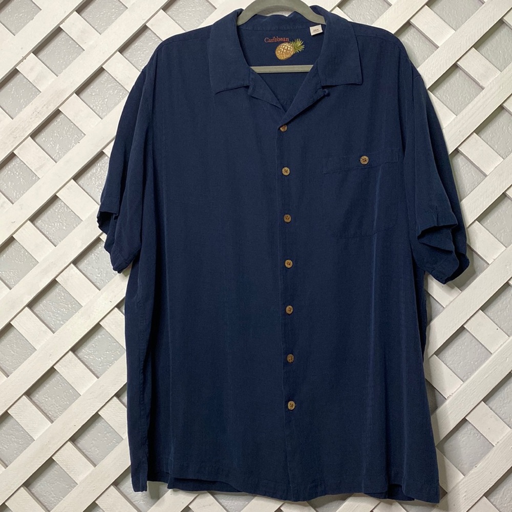 Caribbean Button Down Shirt Men's 2XT Navy Blue Silk Blend Short Sleeve
